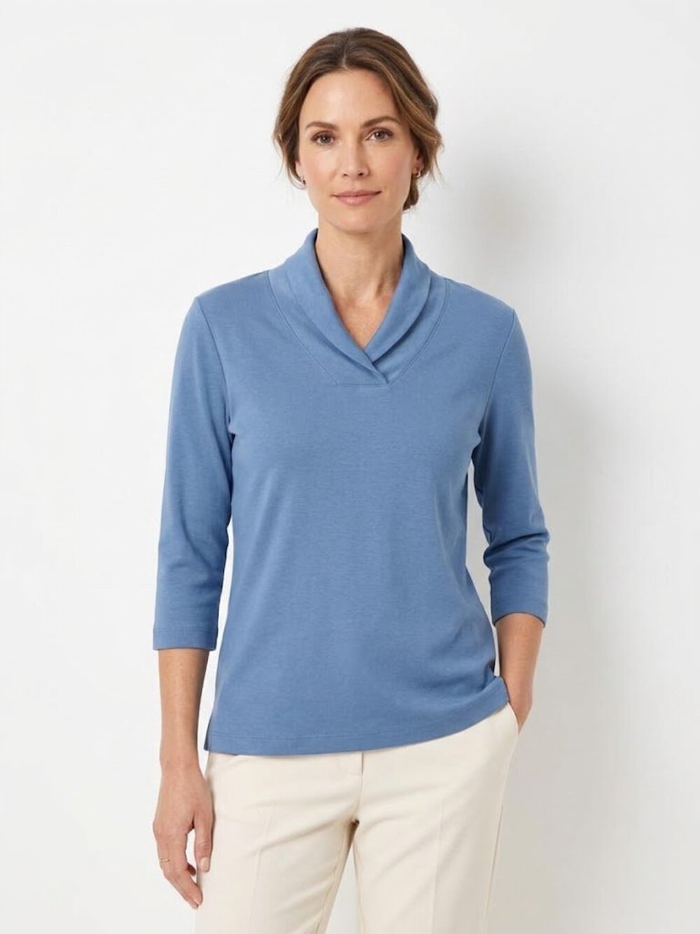 Cowl Neck Top XL Dusty Slate Blue 3/4 Sleeve Soft Cozy Coastal Grandma Knit